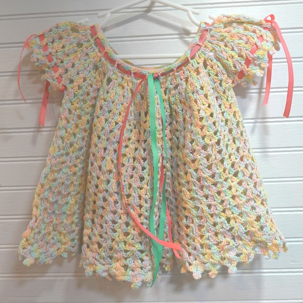 Handmade Crochet Baby Dress Top Pastel Colors Toddler Size Approximate 2T
